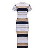 Summer Stripe Bodycon Dress Vestidos Short Sleeve Ladies Knee Length Dress Plain Jersey Stretch Basic