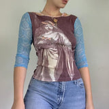 Fairy Angel Printe T-shirt 90s Vintage Grunge Autumn Patchwork Mesh Cropped Top Women Sweats Tees Harajuku Female