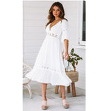 2020 Summer Sexy Deep V Neck Women's Dress Casual Solid Lace Patchwork Midi Ladies Fashion Empire Party Dresses