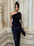 New Women Summer Sexy Split Black Sleeveless Backless Slim Dress Female Fashion Off Shoulder Club Elegant Party Maxi Dress-Outfit