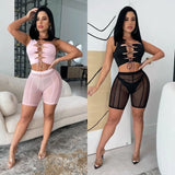 2 Piece Set Women Summer Sexy One Shoulder Slit Lace Up Crop Top + Sheer Mesh Pants Club Party Tracksuit Outfits Matching-Outfit