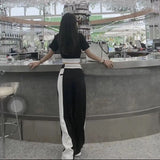 Sets Women Patchwork Fashion Cool Harajuku Wide Leg Street T-shirts Tops Crop Outfit College Streetwear Summer Ulzzang
