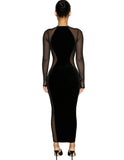 Sexy Black Mesh Patch See Through Round Neck Long Sleeve Slim Long