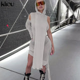 Kliou Knitted Dress Women Sexy See Through X-Long Hoody Tops+One Shoulder Drawstring Ruched Robe Skirt Hipster Future