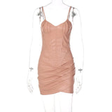 Pu Bodycon Slip Sleeveless Backless Pleated Patchwork Streetwear Backless Sexy Mini Dress 2021 Women Summer Autumn