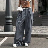 Woherb Temperament Versatile Lace Lace Loose Suit Trousers Female Low Waist Pleated Straight Tube Casual Pants-Outfit