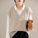 Woherb Autumn And Winter New V-Neck Vest Lazy Wind Fall Shoulder Sweater Vest With Vintage Twist Knit Vest Female-Outfit