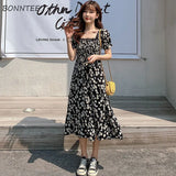 Women Daisy-printing Elegant Various Design Square Collar Sweet Lady All-match Leisure Holiday Sundress Korean Style