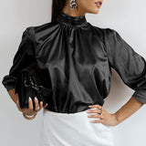 Women Satin Blouse 2022 Fashion Elegant Tunic Slik Tops Autumn Solid High Collar Shirt Long Sleeve Party Blusas