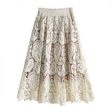 Retro Flower Print Hollow Lace Skirts Elegant High Waist Midi A-line Long Skirt QT1473-Outfit