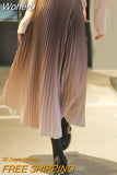 Spring Elastic Waist Midi Gradient Pleated Skirt Women Elegant Vintage Retro High Waist Long A-line Skirt QT1857-Outfit
