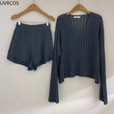 2 Piece Sets Women Outfits Long Sleeve Pullover Women 's Tops High Waist Casual Shorts Elegant Lady Office Suit Knit New-Outfit