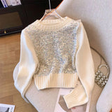 for Women 2023 Autumn Winter New Fashion Sequin Long Sleeve O Neck Short Pullover Chic Casual Knitted Vintage Jumpers-Outfit