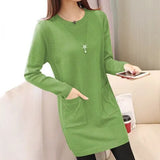 Sping Winter Women Black Sweaters Casual Solid O-Neck Long Sleeve Knit Sweaters Loose Pockets Mid Length Pullover Female