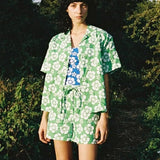 Women Lounge Wear Summer Plaid Tracksuit Shorts Set Short Sleeve Shirt Tops And Mini Shorts Suit 2021 Green Two Piece