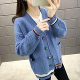 Autumn Women Cardigans Sweater Fashion Patchwork Long Sleeve Single Breasted Winter Warm Knitted Coat V-neck Female