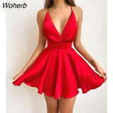 Women Bowknot Tie Waist Mini Satin Sundress 2022 Sexy Femme Plunging Neck Crisscross Strap Robe Lady Outfits Club Clothing-Outfit