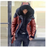 Men's Imitation Leather Plus Thick Fur One Short Zipper Coat Hooded Men's