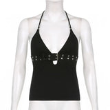 Woherb 2024 Sexy Day Word Button V Neck Low Chest Hanging Neck Tight Navel Bottom Small Vest Top-Outfit
