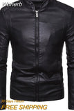 Men's Fashion Stand Collar Jacket Men Autumn Winter Pu Jacket New Leather Coat Slim Long Sleeve Solid Color-Outfit