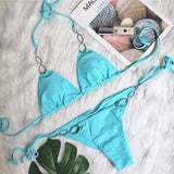 Woherb 2023 New Sexy Metal Accessories Rhinestone Women's Split Swimsuit Plain Strap