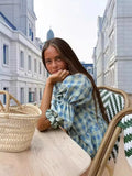 Fashion Casual Plaid Hollow Out Strap Double Bubble Sleeve Shirt Women's Top-Outfit