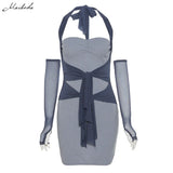 Summer Fashion Patchwork Slim Halter Dress Women Knitting Street Casual Dress Blue Lace Up Bodycon Mini Dress Lady