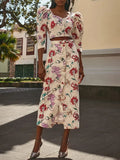 Women Elegant Linen Flower Printed Slit Midi Skirt Suit Chic Puff Sleeves Backless Crop Top Set Summer Lady High Streetwear 2024-Outfit