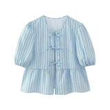 New Bubble Cuff Lace-Up Solid Color Short Blouse 1213835-Outfit