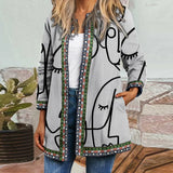 Autumn Winter Fashion Loose Women Folk-custom Print Jacket Coats Casual Retro Long Sleeves Coats Elegant Cardigan