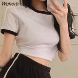 Women Crop Top Workout Joggers Shorts Summer Patchwork Navel T-shirts All-match Sexy Slim Casual Breathable Aesthetic Mujer-Outfit