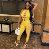 hirigin Mesh Patchwork Women Sleeveless Cut out Jumpsuit Skinny Sexy Streetwear Sportswear Long pant Rompers 2022 Summer