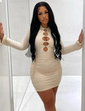 Sexy O-Neck Full Sleeves Solid Hollow Out Bodycon
