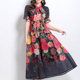 Famous Bow Tie With Lantern Sleeve High-Rise Dress Female Thin Elegant Print