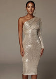 Elegant Sequins One Sholder Long Sleeve Midi Party