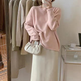 Woherb New 2023 Autumn And Winter Of 2023 Korean Curly Edge Casual Simple Pure Color Round Collar Sweater Women's Fashion Versatile Knit Top-Outfit