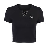 Women T shirt Crop Top Summer Short Sleeve Black Butterfly Flash Printed Slim Casual Vintage t shirt 2020 Tee