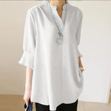 Summer Blouses ZANZEA 2022 Vintage Solid Tops Half Sleeve Blusas Female V Neck Tunic Casual Chemise Oversize