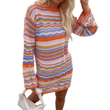Bohemian Color Block Striped Knit Crochet Sweaters Dress Autumn Women's Long Sleeve Crew Neck Mini Bodycon