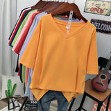 100% Cotton M-6XL T Shirt Solid V Neck Tshirt Short Sleeve Women's Top Basic Summer Couple Oversized T Shirts-Outfit