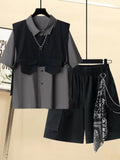 Gothic Men Suits Cargo Vest + Shirt + Shirts 3 Pieces Set Summer Clothes Punk Preppy Streetwear Casual Outfit Men Fashion