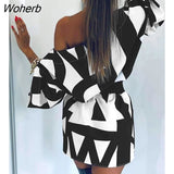 Women Abstract Print Inclined Mini Dress Without Belt 2022 Casual Femme Long Sleeve Robe Office Lady Clothing traf-Outfit
