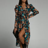 Autumn Vintage Floral Print V-neck Lace Up Dress Women Sexy Elegant Fashion Irregular High Slit Dresses Long Sleeve Robe-Outfit