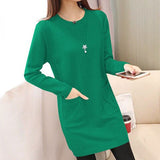 Sping Winter Women Black Sweaters Casual Solid O-Neck Long Sleeve Knit Sweaters Loose Pockets Mid Length Pullover Female