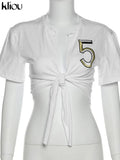 Kliou Letter Embroidery Cotton T-Shirt Women Classic Short Sleeve Loose Summer Cardigan Casual Streetwear Female Crop