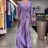 Woherb Summer New Fashion Sexy V-Neck Pleated Solid Color Loose Dress-Outfit