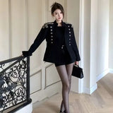 Fashion Design Double Breasted Black Women Coat New Autumn Winter outerwear Long sleeve Tops Street Temperament Jacket-Outfit
