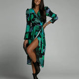 Autumn Vintage Floral Print V-neck Lace Up Dress Women Sexy Elegant Fashion Irregular High Slit Dresses Long Sleeve Robe-Outfit