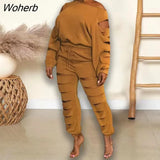 Elegant Cutout Holed Women's Set Long Sleeve T-shirt and Jogger Pants Active Fashion Tracksuit Two 2 Piece Set Outfits-Outfit
