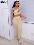 Kliou Sporty Solid Two Piece Set Women Skinny Inclined Shoulder Hole Cleavage Tank Tops+ Concise Stretchy Pants Workout